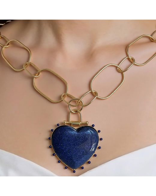 Rare Matters Jewelry Blue Luxe Lapis Heart Statement Chunky Pendant Necklace