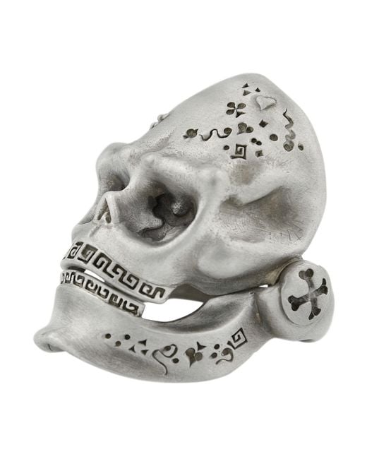 Snake Bones Metallic Skull Ring With Hinged Jaw In Sterling Silver for men
