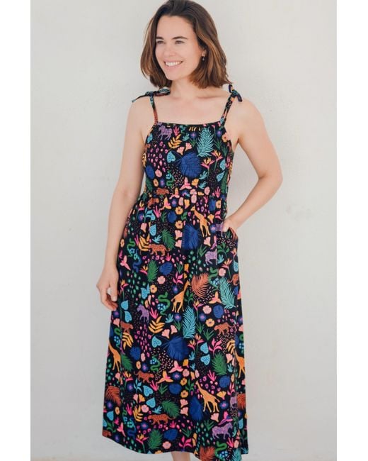 Sugarhill Blue Willa Shirred Jersey Midi Dress, Multi, Jungle Spirit