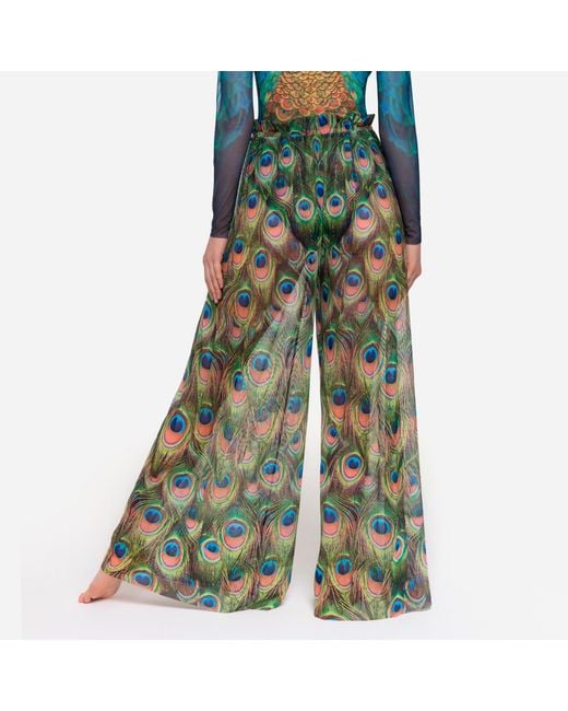 Rodasoleil Smart Swimwear Green Tan-Through Mesh Lightweight Beach Pants Peacock Mayura