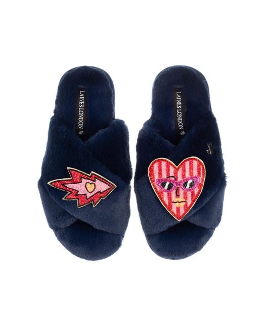 Laines London Blue Classic Laines Slippers With Electric Love Brooches