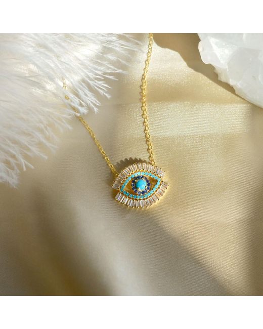 Seven Saints Metallic Evil Eye Necklace, And Zirconia Baguette Diamonds, Rhodium