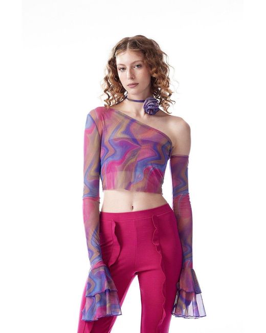 No'design Pink Sheer Crop Top With Ruffled Sleeves