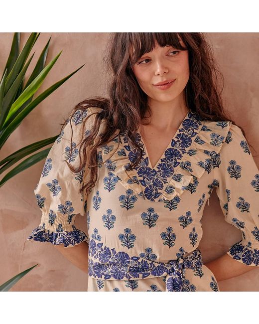 LAtelier London White Floral Block Print Cotton Midi Dress