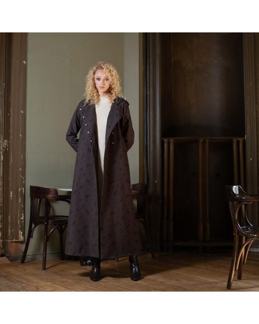 RainSisters Long Coat In Trapeze Cut With Black Floral Print: Velvet Leaves