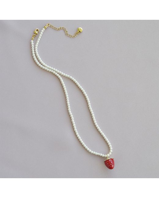 POPORCELAIN White Mini Porcelain Strawberry Swarovski Pearl Necklace