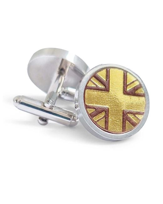 N'damus London Metallic Coronation Regent & Leather Rhodium Cufflinks for men