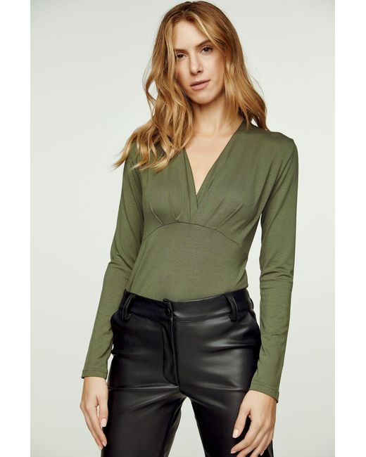Conquista Green Neutrals Khaki Long Sleeve Faux Wrap Top