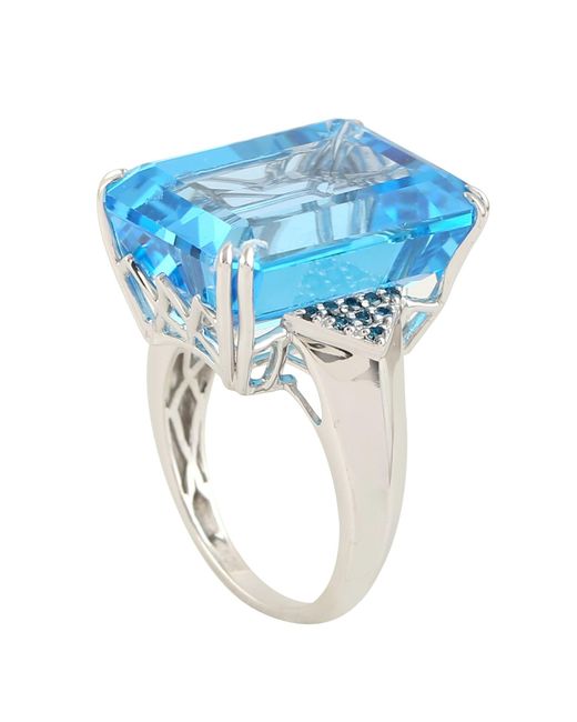Artisan White Gold Natural Diamond Blue Topaz Cocktail Ring Handmade