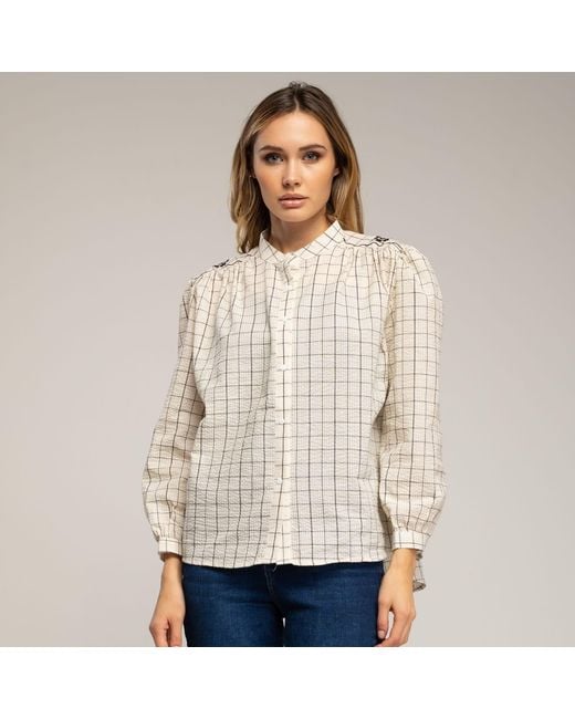 Tantra Spain Sl White Neutrals Checkered Shirt With Mandarin Collar And Embroidery On The Shoulder And Back