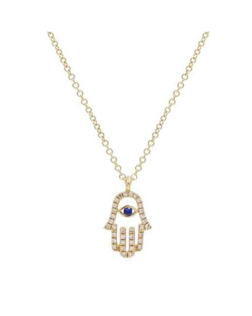 KAMARIA Metallic Diamond Hamsa Hand Necklace With Sapphire