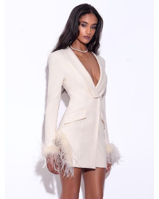 Miss Circle New York White Madeline Pearl Feather Trim Blazer Dress