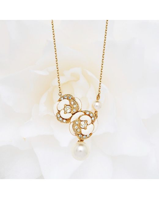 Grosse Metallic Crystal & Pearls Flower Necklace, Series Blanc Camelia