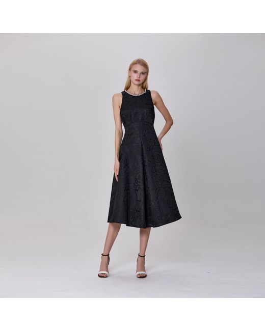 Smart and Joy Black Fit-And-Flare Collar Trim Textured Jacquard Dress