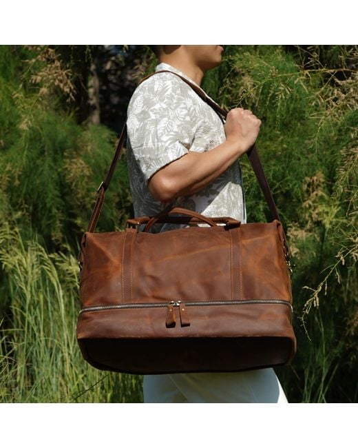 Touri Brown Leather Weekend Bag With Suit Compartment for men