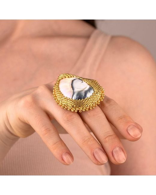 Oana Savu Metallic Hand Beaded Nautilus Shell Ring Adjustable Sterling