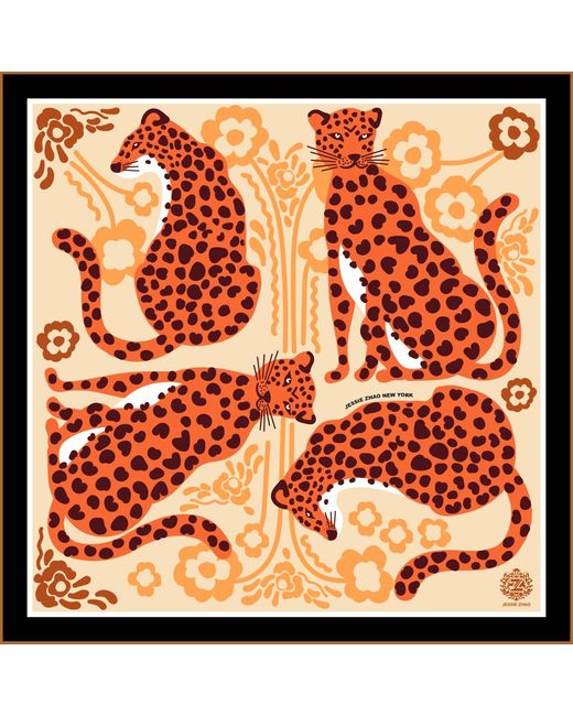 Jessie Zhao New York Brown Silk Bandana Of Leopards With Floral Fountain