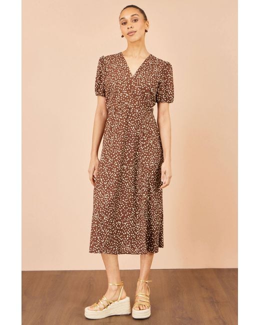 Yumi' Brown Spot Midi Dress With Split Hemline