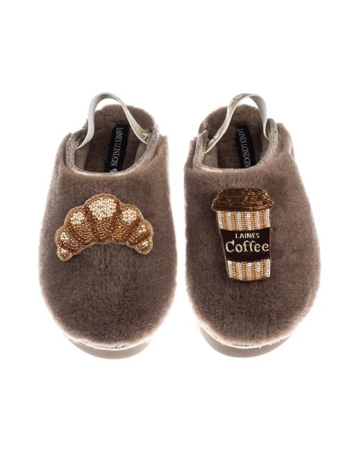 Laines London Brown Neutrals Flatform Cloud Closed Toe Slippers With Coffee & Croissant Brooches Brooches