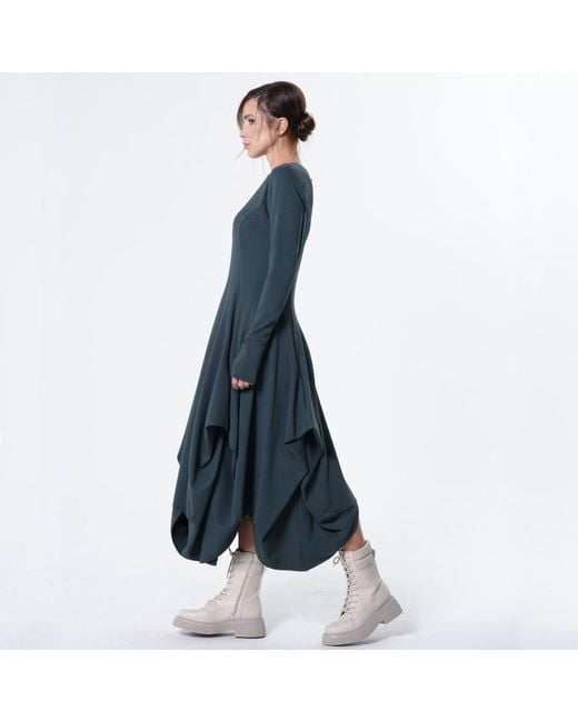 Metamorph Blue Maxi Draped Dress With Thumbhole Sleeves