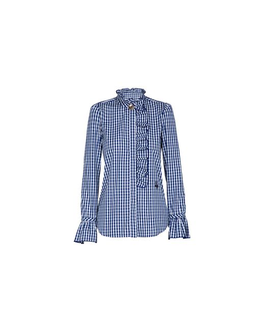 The Extreme Collection Blue Boheme Gingham Blouse With Ruffled Trim And High Collar