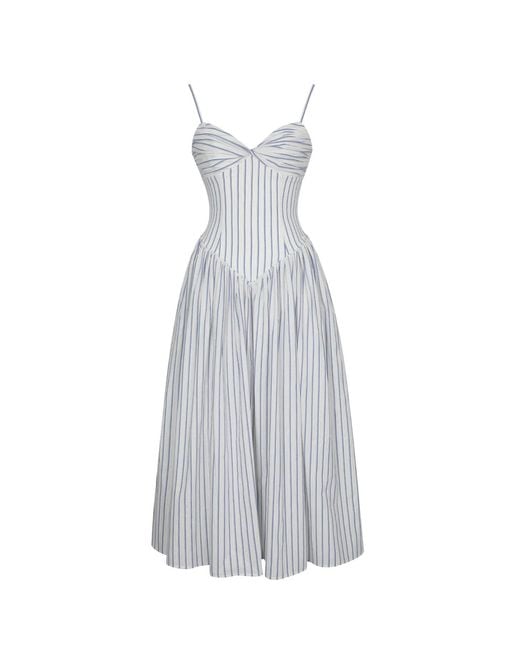 Miss Circle New York Gray Olea Sky Striped Cotton Poplin Ruched Midi Dress