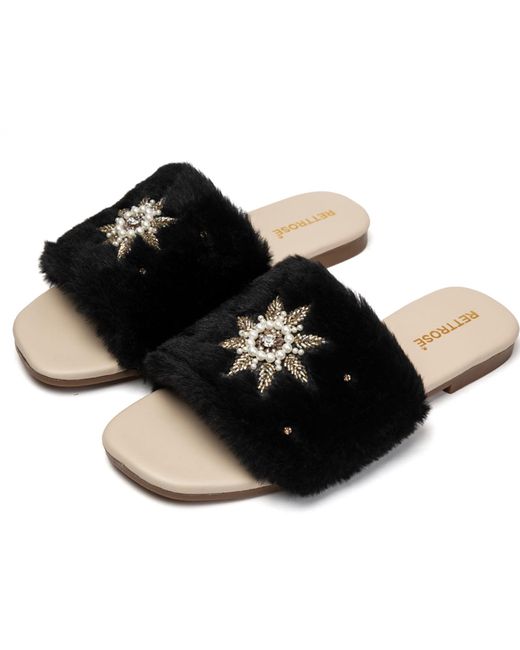 Rettrose Black Taylor Luxury Plush Diamanté Embellished Handmade Sliders