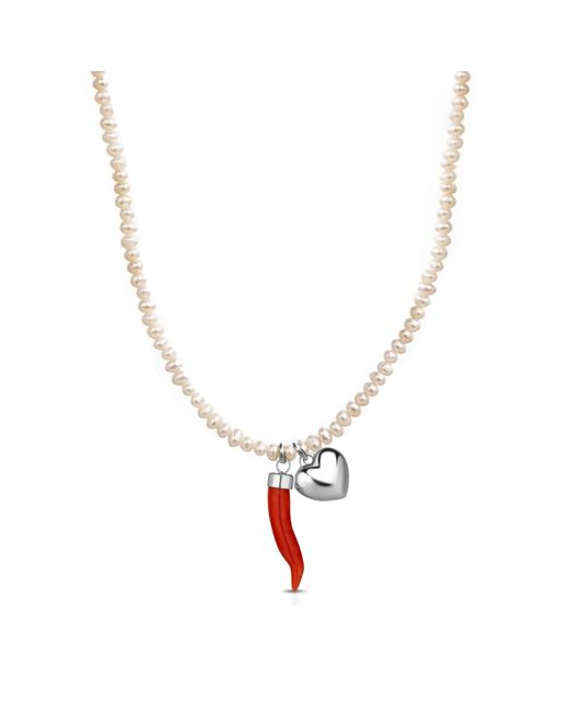 Unaloe Metallic Baroque Pearl Necklace With Coral Cornicello And Heart