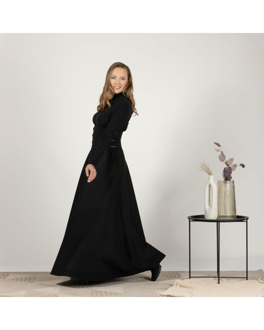 Nikka Place Black Wool Floor Length Skirt With Hight Waist & Front Buttons