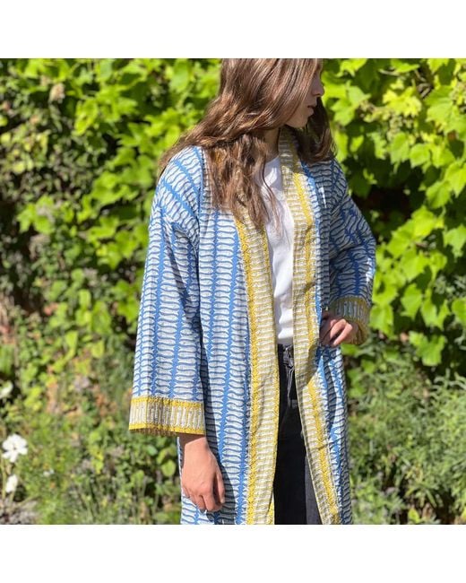 Lime Tree Design Blue Full Length Cotton Kimono Beach Cover Up