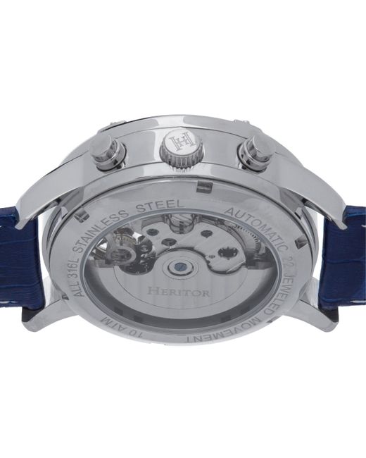 Heritor Blue Wilhelm Semi-skeleton Leather-band Watch With Day And Date for men