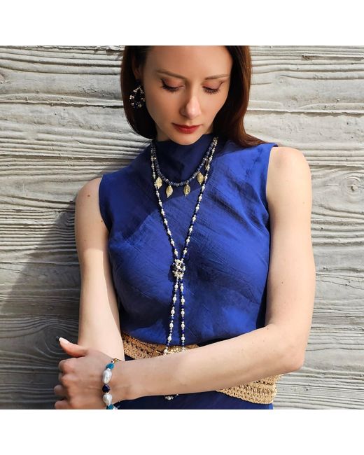 Farra Blue Bohemian Style Sodalite With Leaves Charms Statement Necklace