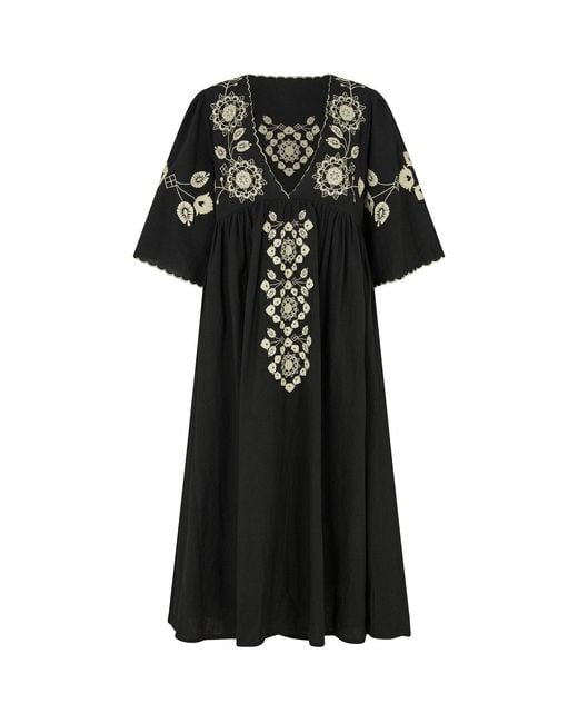 Raffya Black Arianna V- Neck Embroidered Maxi Dress