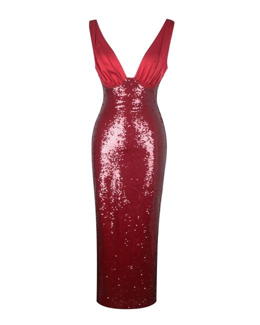 Miss Circle New York Red Shanelle Crimson Sequin Plunging Midi Dress