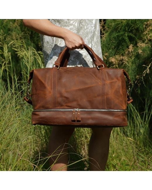 Touri Brown Leather Weekend Bag With Suit Compartment for men