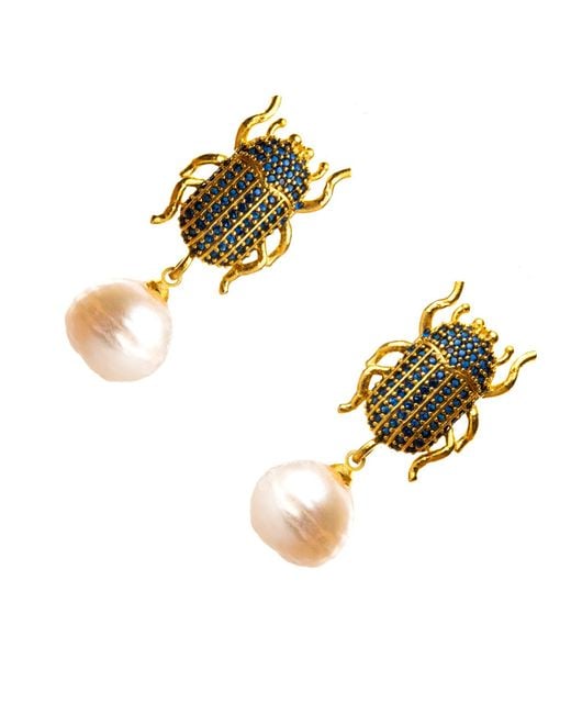 Ebru Jewelry Metallic Egyptian Scarab Sapphire & Pearl Dangle Mystic Earrings