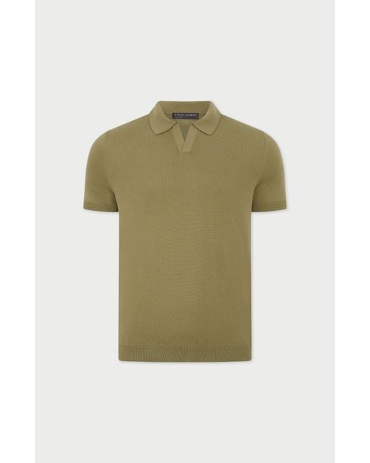 Paul James Knitwear Green Neutrals Ultra Fine Cotton Nathan Buttonless Polo Shirt for men
