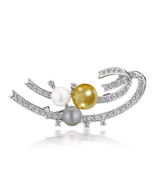 Genevive Jewelry Metallic Sterling Silver Cubic Zirconia And Three Pearl Design Pin