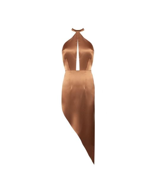Nomi Fame Brown Pamela Satin Halter Neck Dress With Asymmetric Skirt