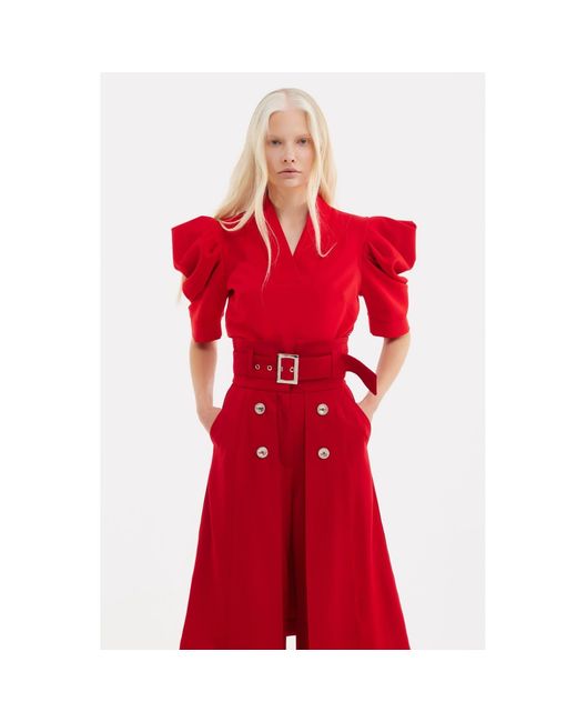 Julia Allert Red V-Neck Puff Sleeve Top