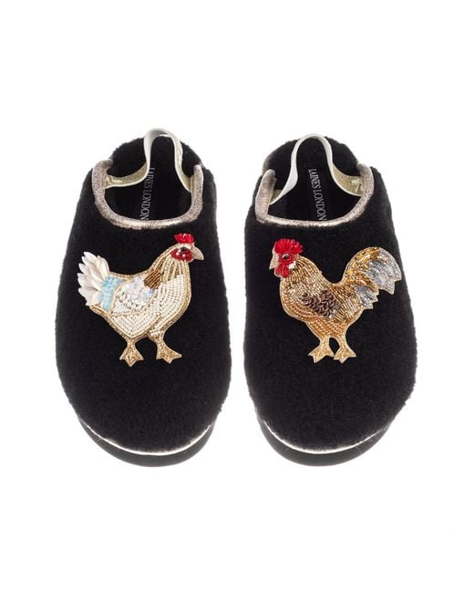 Laines London Black Flatform Cloud Closed Toe Slippers With Chicken & Rooster Brooches