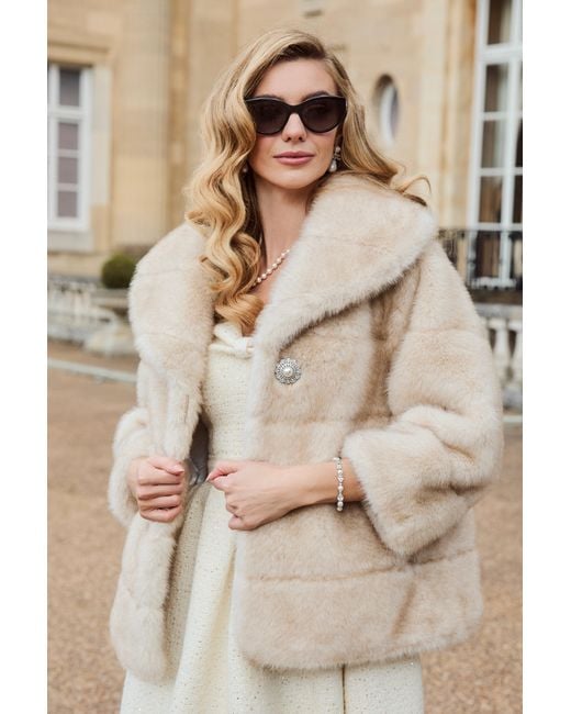 Santinni Natural Satin-Lined Faux Fur Cropped Brooch Coat