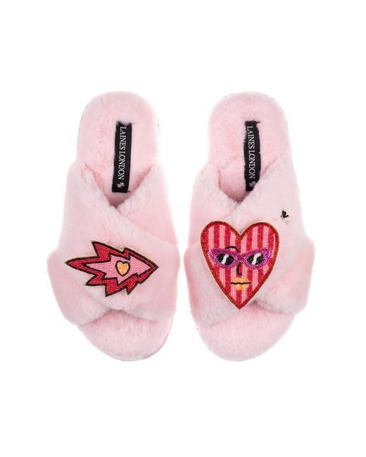 Laines London Pink Classic Laines Slippers With Electric Love Brooches