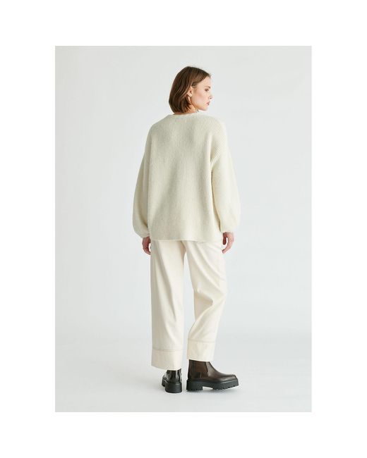 Paisie White Balloon Sleeves Jumper With Cable Details