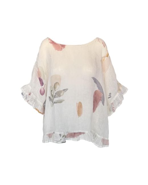 Haris Cotton Multicolor Printed Linen Gauze Blouse With Ruffles Ecru Garden