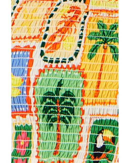 Yumi' Yellow Multicolour Cropped Shirred Cotton Postcard Print Top