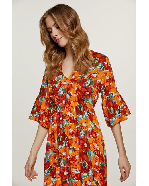 Conquista Orange Floral Ruffle Detail Midi Dress