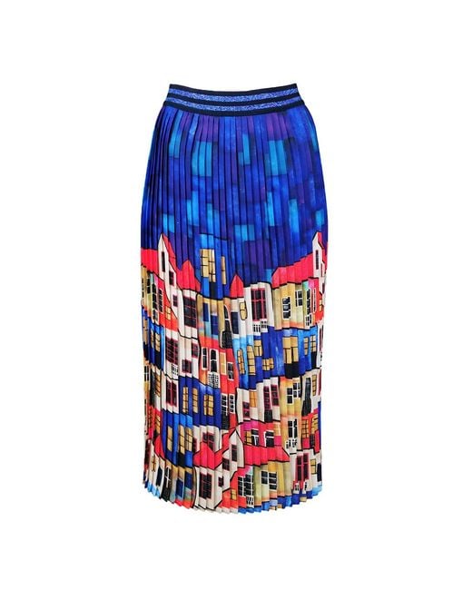 Lalipop Design Blue Multi-Color Pleated Maxi Skirt With House Pattern