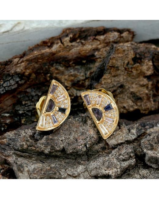 Artisan Metallic Multi-Gemstone & Diamond Half Moon Stud Earrings