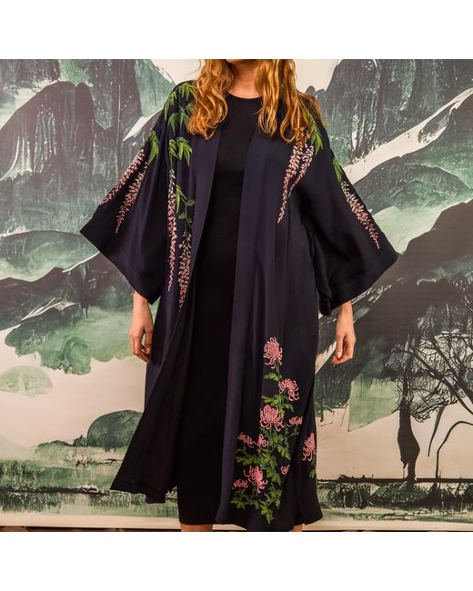 Artemis Muse Black Wisteria & Chrysanthemum Embroidered & Fully Lined Long Kimono